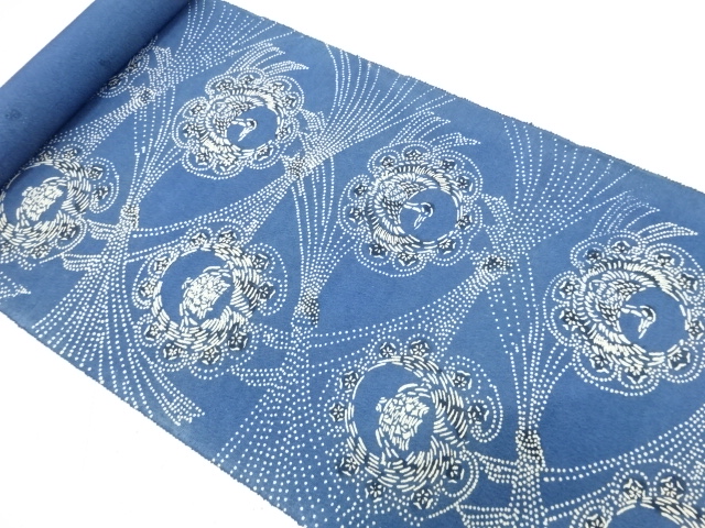 JAPANESE KIMONO / ANTIQUE BOLT FOR OBI / SILK / KATAZOME / CRANE & TURTLE